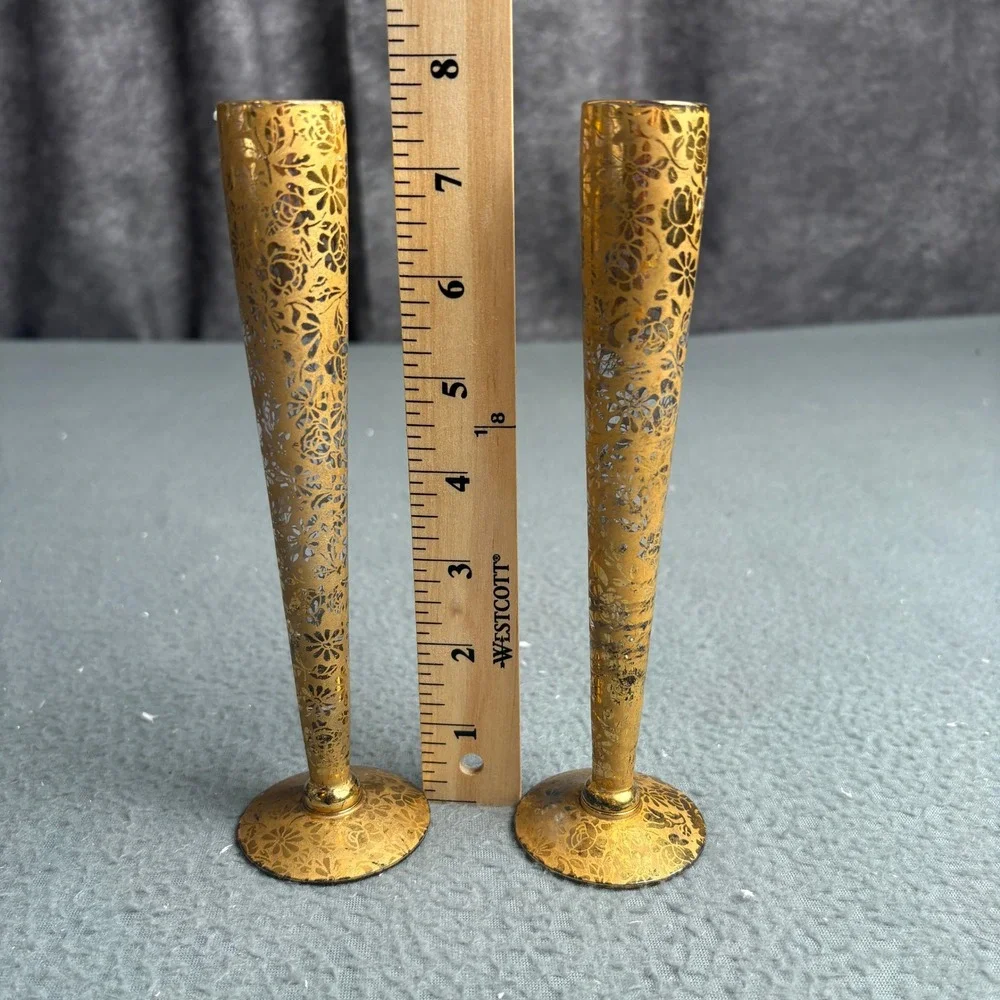 Vintage Ransgil Crystal 22K Gold Encrusted Floral Bud Vases Pair 1940s 1950s